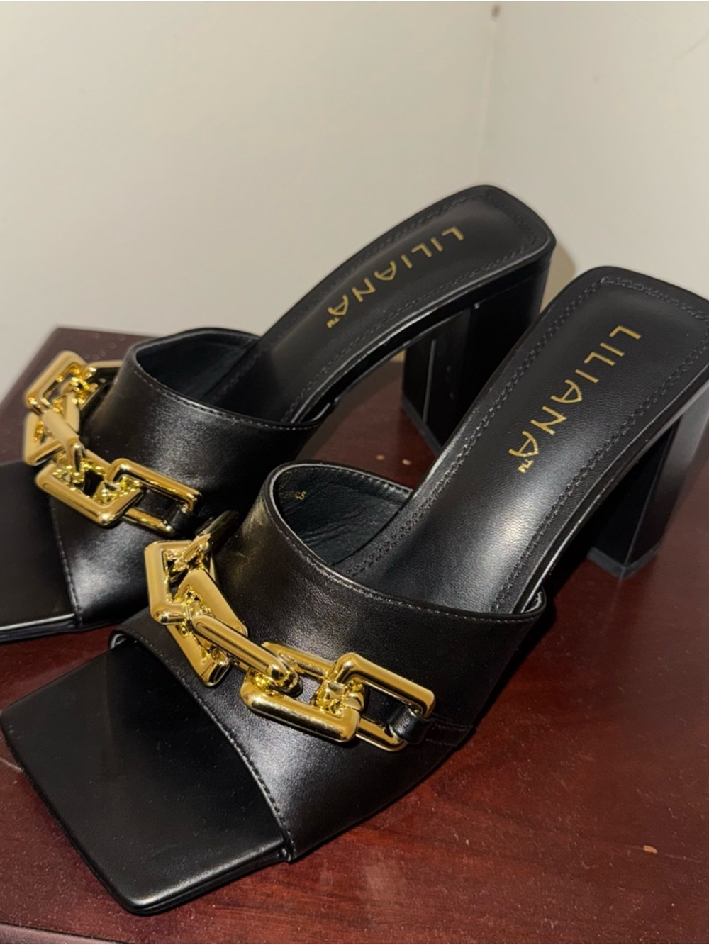 Liliana Black Leather Mules with Gold Chain Accent